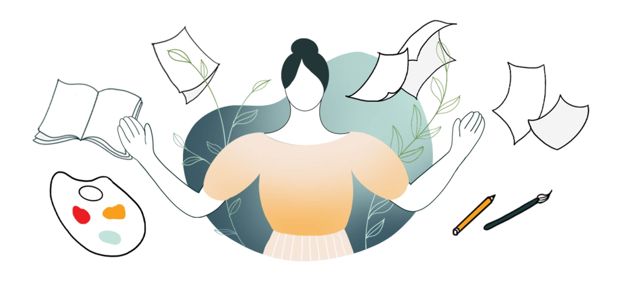 illustration of woman with paper and art suppies