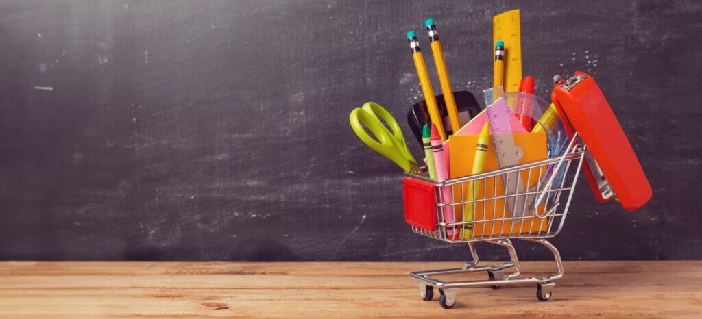 shopping cart full of school supplies