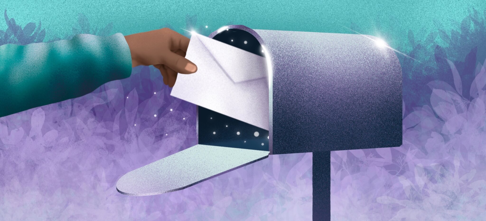 Illustration of hand pulling mail from a mailbox.